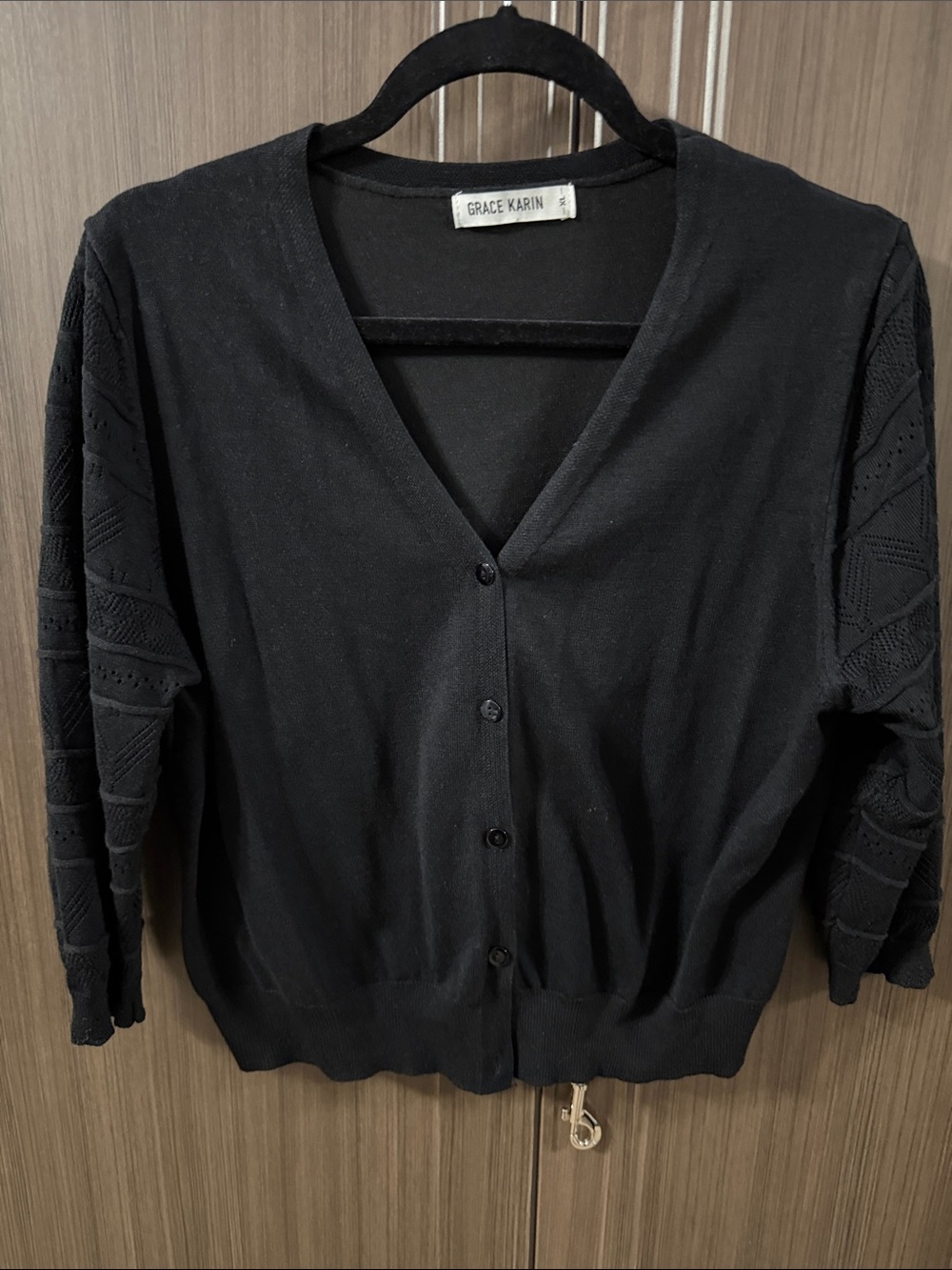 Grace‎ Karin Black Knit V-Neck Button-Front Cardigan with Textured Sleeves
